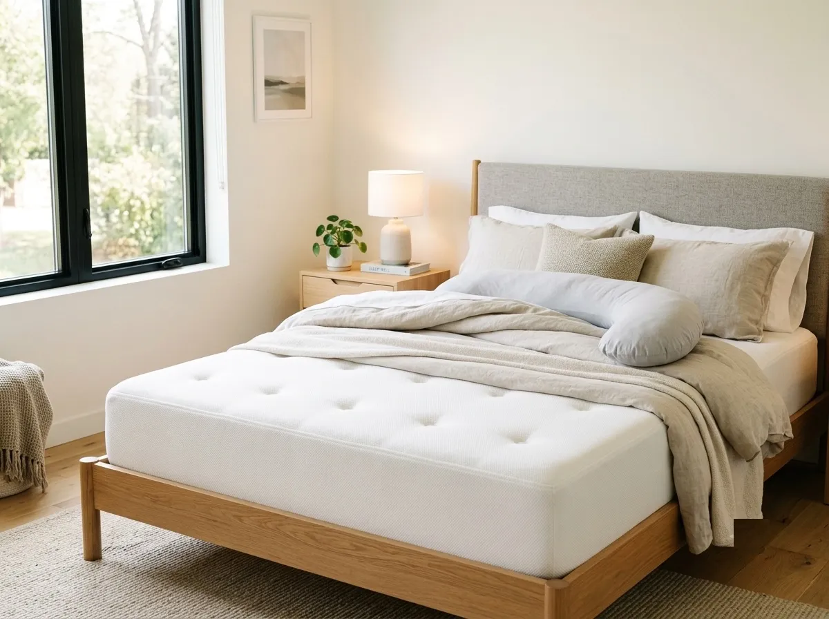 A Leesa-style mattress in a bright modern bedroom