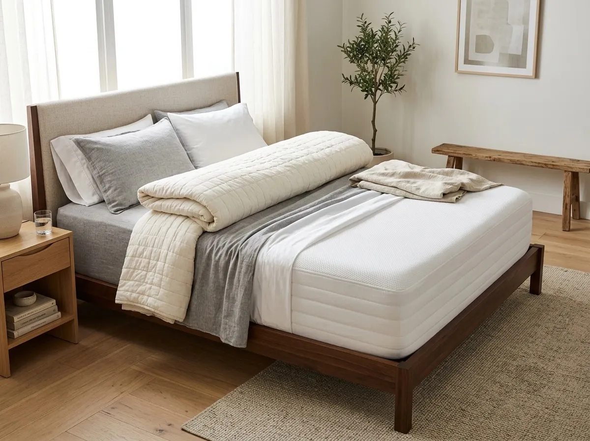A Tempur-Pedic-style mattress in a bright modern bedroom